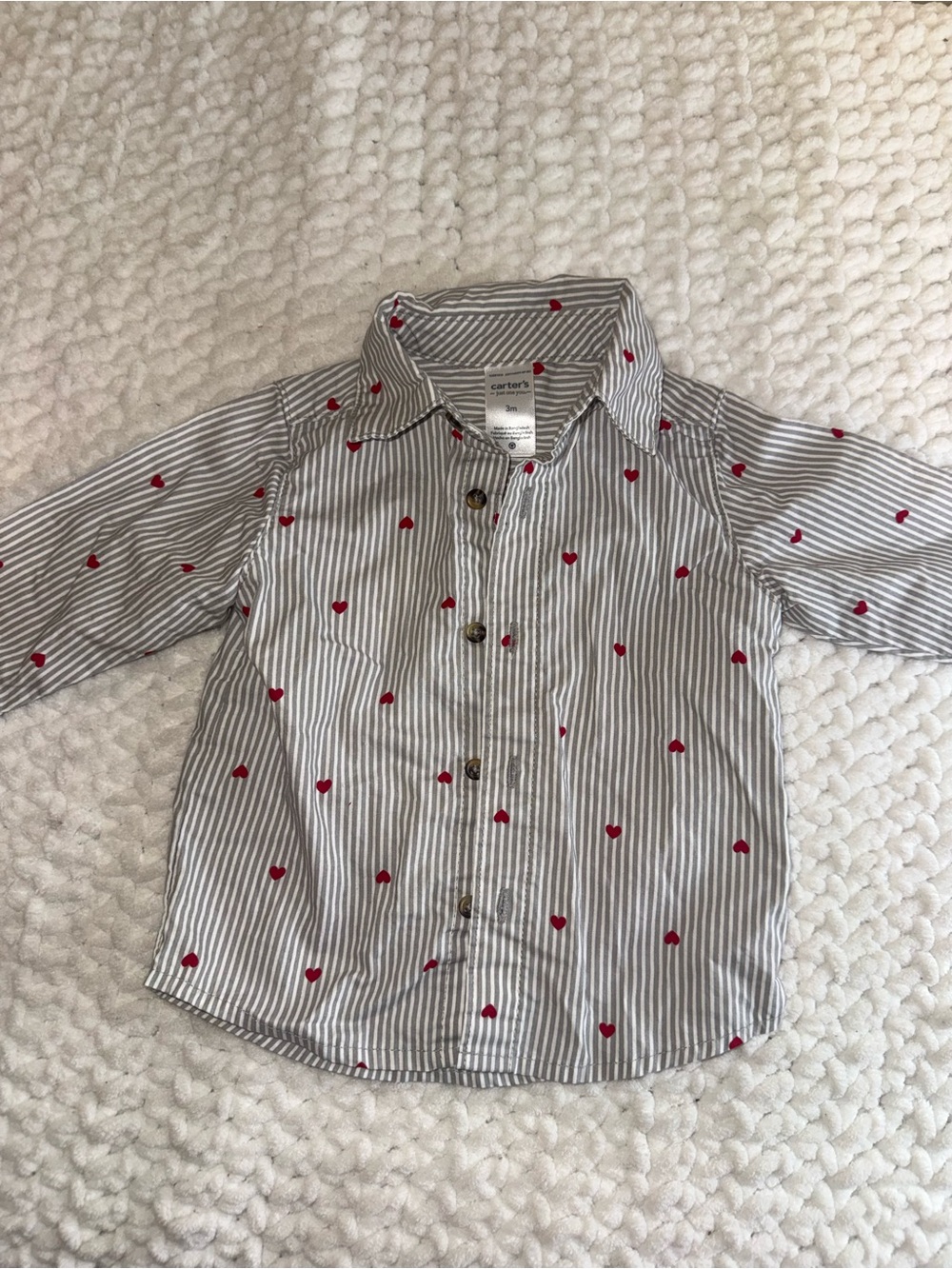 Carter's Gray & White Stripe Button-Down with Red Heart Print